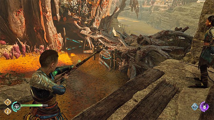 Climb up to the ledge, wait for Angrboda to sit on the branch and pick up another fruit - God of War Ragnarok: The Lost Sanctuary - walkthrough - God of War Ragnarok: Walkthrough - God of War Ragnarok Guide