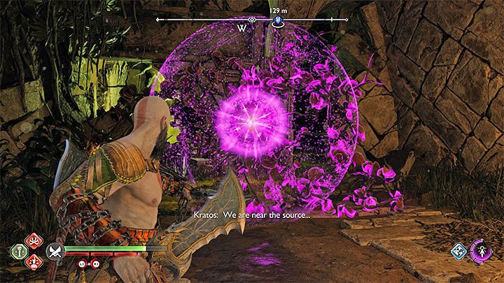 Enter the new ruins and order your companion to put a seal on the red vines - set them on fire with the Blades of Chaos - God of War Ragnarok: Quaking Hollow - walkthrough - God of War Ragnarok: Favors - Vanaheim - God of War Ragnarok Guide