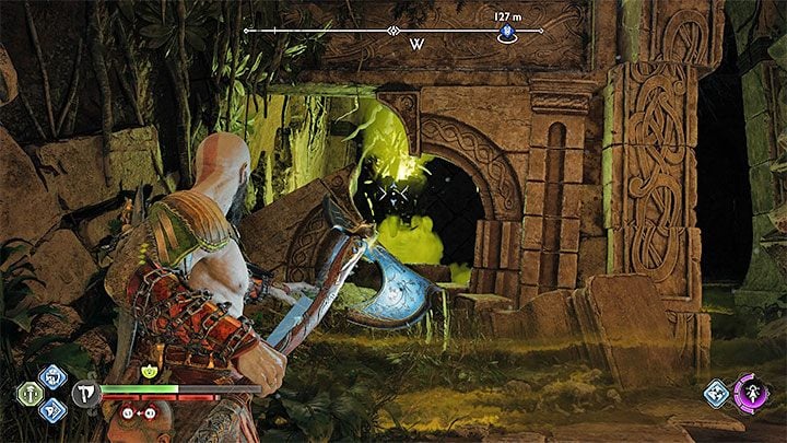 Another obstacle is a plant that emits poisonous fumes - throw the Leviathan at it - God of War Ragnarok: Quaking Hollow - walkthrough - God of War Ragnarok: Favors - Vanaheim - God of War Ragnarok Guide