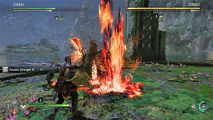 This small arena will be a background to a fight against a pair of Dreki monsters - a variation of minibosses encountered in previous regions - God of War Ragnarok: What Lies Below - walkthrough - God of War Ragnarok: Favors - Vanaheim - God of War Ragnarok Guide