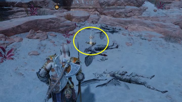To be exact, it is next to the elven corpses on the border of The Strond and The Canyons - God of War Ragnarok: The Canyons, Alfheim - secrets, collectibles - God of War Ragnarok: Alfheim - God of War Ragnarok Guide