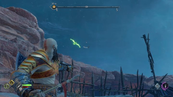 You can find it circling in the air above the wooden barricade - God of War Ragnarok: The Canyons, Alfheim - secrets, collectibles - God of War Ragnarok: Alfheim - God of War Ragnarok Guide