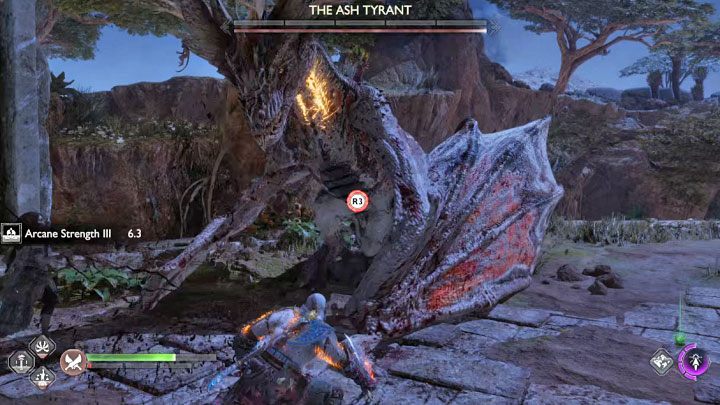 Watch out for the boss's attempts to set the arena on fire: it's the red attack and you need to get out of its range - God of War Ragnarok: The Burning Skies - walkthrough - God of War Ragnarok: Favors - Vanaheim - God of War Ragnarok Guide