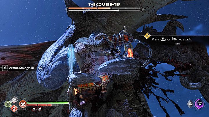 There may be a situation where the dragon grabs Kratos with its claws and rises above the arena with him - in that case, you have to press R1 or R2 to damage the boss and eventually free yourself - God of War Ragnarok: Trail of the Dead - walkthrough - God of War Ragnarok: Favors - Vanaheim - God of War Ragnarok Guide