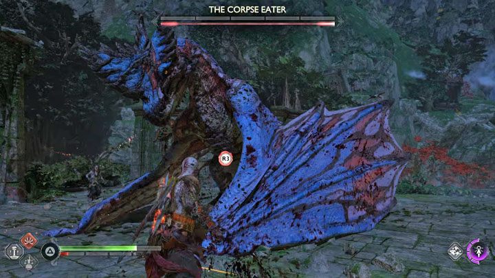 Watch out for the red ice dragon's attacks - touching the ice will impose a negative status on Kratos, and he will temporarily become slower - God of War Ragnarok: Trail of the Dead - walkthrough - God of War Ragnarok: Favors - Vanaheim - God of War Ragnarok Guide