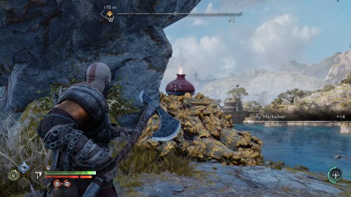 After leaving the boat, destroy the red vessel to smash the debris blocking the path on the right - God of War Ragnarok: The Weight of Chains - favor, walkthrough - God of War Ragnarok: Favors - Svartalfheim - God of War Ragnarok Guide