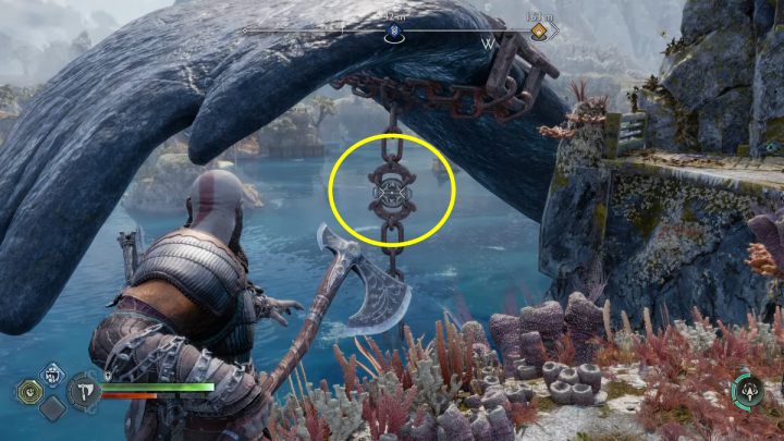 Cut the device marked on the screen and when the creature lifts up the fin, destroy the weak element of the chain - God of War Ragnarok: The Weight of Chains - favor, walkthrough - God of War Ragnarok: Favors - Svartalfheim - God of War Ragnarok Guide