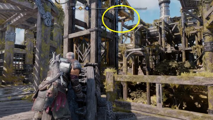 At the bottom, grab the handle and lift the platform up - God of War Ragnarok: In Service of Asgard - favor, walkthrough - God of War Ragnarok: Favors - Svartalfheim - God of War Ragnarok Guide