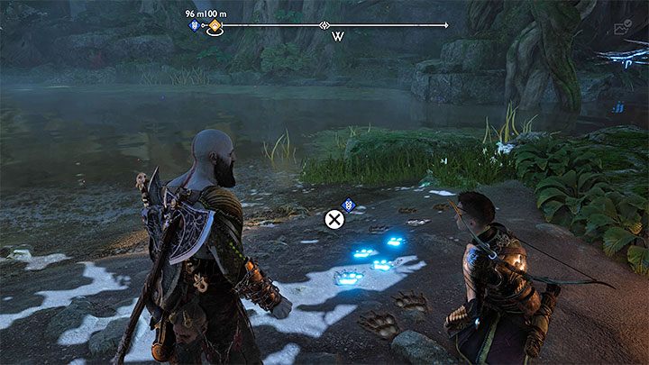 Once you reach the shore, you will be able to find Helka's blue footprints - God of War Ragnarok: Reaching the Crater in Vanaheim - God of War Ragnarok: Completing 100% of maps - God of War Ragnarok Guide
