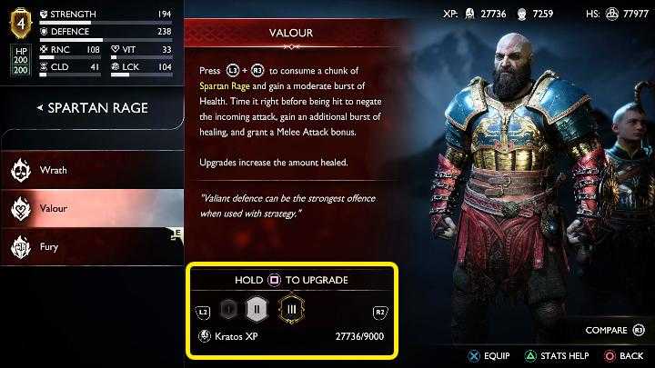 Each variant of Spartan Rage can be upgraded to a maximum of level 3 by spending experience points - God of War Ragnarok: Weapons - God of War Ragnarok: Character development guide - God of War Ragnarok Guide