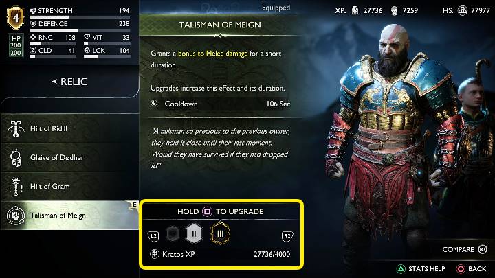 Relics can be upgraded to a maximum of level 3 using Kratos' experience points - God of War Ragnarok: Weapons - God of War Ragnarok: Character development guide - God of War Ragnarok Guide
