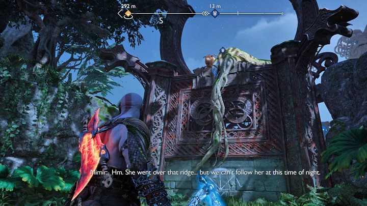 The path will lead you to Helka waiting on the upper shelf (above image) - God of War Ragnarok: Scent of Survival - favor, walkthrough - God of War Ragnarok: Favors - Vanaheim - God of War Ragnarok Guide