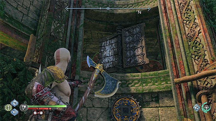 After landing at the bottom of the elevator shaft, throw your axe at the rotating mechanism from the picture - God of War Ragnarok: Path of Destruction - walkthrough - God of War Ragnarok: Favors - Vanaheim - God of War Ragnarok Guide