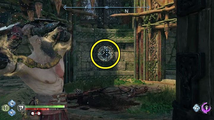 Quickly summon the axe and throw it at the circular mechanism shown in the picture - God of War Ragnarok: Path of Destruction - walkthrough - God of War Ragnarok: Favors - Vanaheim - God of War Ragnarok Guide