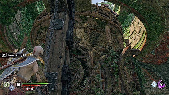 The last step is to use the chain shown in the picture - the creature you have imprisoned will be transported by elevator to the top - God of War Ragnarok: Path of Destruction - walkthrough - God of War Ragnarok: Favors - Vanaheim - God of War Ragnarok Guide