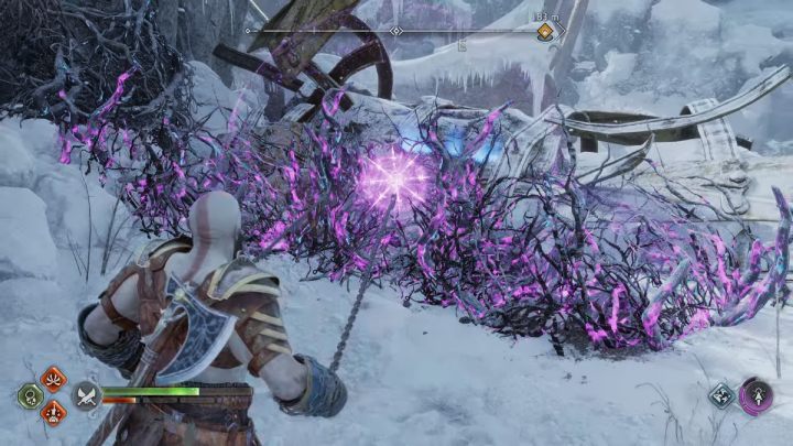 As you pass under the remains of a statue, there are vines to the right - God of War Ragnarok: Shores of Nine, Midgard - secrets, collectibles - God of War Ragnarok: Midgard - God of War Ragnarok Guide