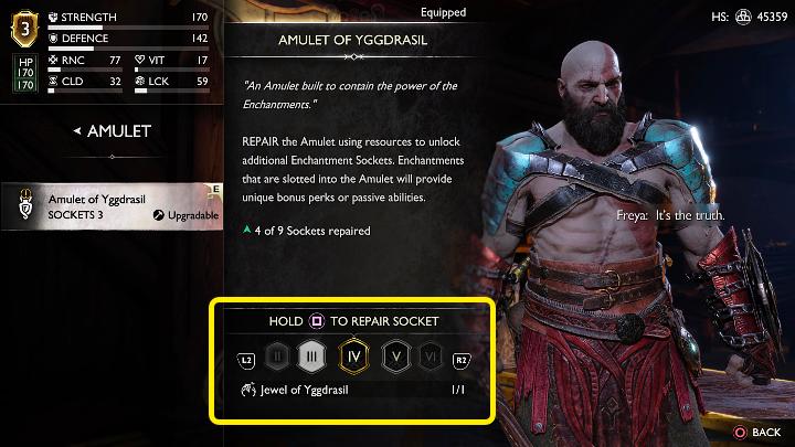 Repairing damaged slots in the Amulet of Yggdrasil requires special items, Jewels of Yggdrasil - God of War Ragnarok: Best Armor set - God of War Ragnarok: Character development guide - God of War Ragnarok Guide