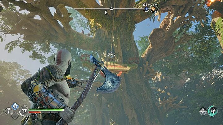 The next step is to free the hanging platform - you need to hurl the axe at the hitch in the picture - God of War Ragnarok: Pilgrims Landing, Vanaheim - secrets, collectibles - God of War Ragnarok: Vanaheim - God of War Ragnarok Guide