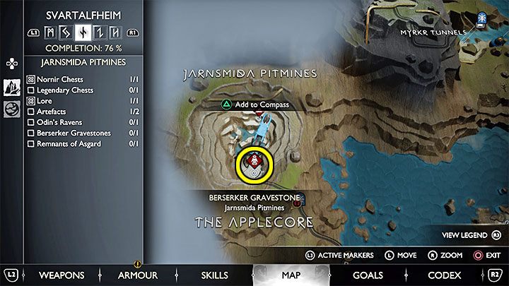 This berserker gravestone is in the Jarnsmida Pitmines region of Svartalfheim - God of War Ragnarok: How to defeat Bodvar the Fierce and Starolfr the Troublesome? - God of War Ragnarok: Berserkers - God of War Ragnarok Guide