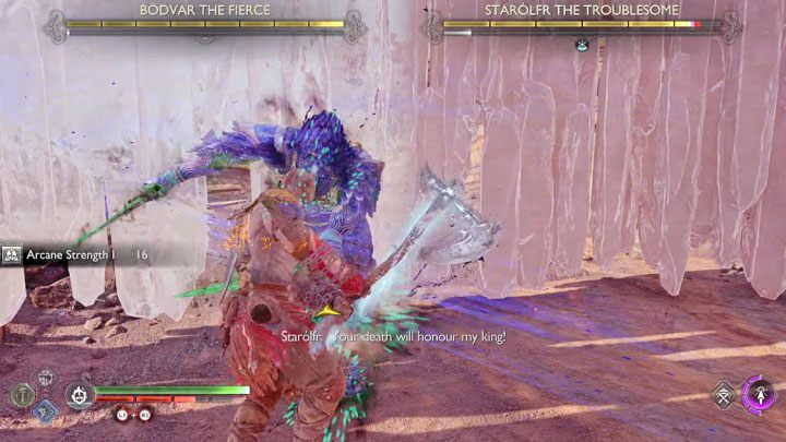 Starolfr is less durable than her ally, and we suggest attacking her first - God of War Ragnarok: How to defeat Bodvar the Fierce and Starolfr the Troublesome? - God of War Ragnarok: Berserkers - God of War Ragnarok Guide