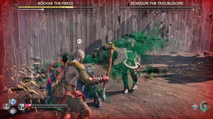 Hit Starolfr hard until you can execute her (R3) - this will be possible once all her health is depleted - God of War Ragnarok: How to defeat Bodvar the Fierce and Starolfr the Troublesome? - God of War Ragnarok: Berserkers - God of War Ragnarok Guide