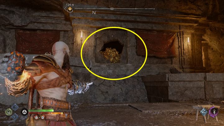 The first torch is located behind the red bushes, to the left of the chest - God of War Ragnarok: Raider Hideout, Midgard - secrets, collectibles - God of War Ragnarok: Midgard - God of War Ragnarok Guide