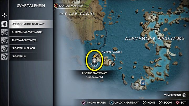 If you can already unlock unknown gateways, then choose the Sverd Sands one - we have marked it in the picture - God of War Ragnarok: Returning to The Applecore and Jarnsmida Pitmines - God of War Ragnarok: Completing 100% of maps - God of War Ragnarok Guide