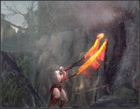 Knock over the pillar (R1) and go along the wall, then grab the liana and reach the spot where you saw the fighting human soldier - God of War 2: The Ruins of the Forgotten - Walkthrough - God of War 2 Game Guide & Walkthrough
