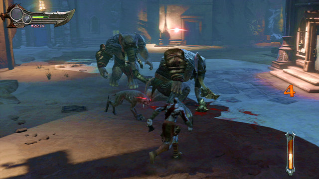 When the black smoke covers the further path, youll be attacked by a giant with elephant head and demonic hounds - The beginning of the village - Chapter 5: The Village of Kirra - God of War: Ascension - Game Guide and Walkthrough