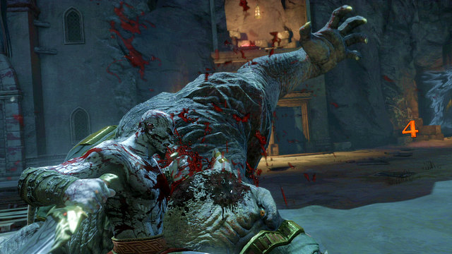 Stunning the elephant lets you mount him for a while (white arc) or finish him (red arc) - The beginning of the village - Chapter 5: The Village of Kirra - God of War: Ascension - Game Guide and Walkthrough