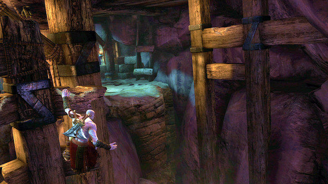 To jump over an abyss, jump onto beams on the left and go right and down - The beginning of the village - Chapter 5: The Village of Kirra - God of War: Ascension - Game Guide and Walkthrough
