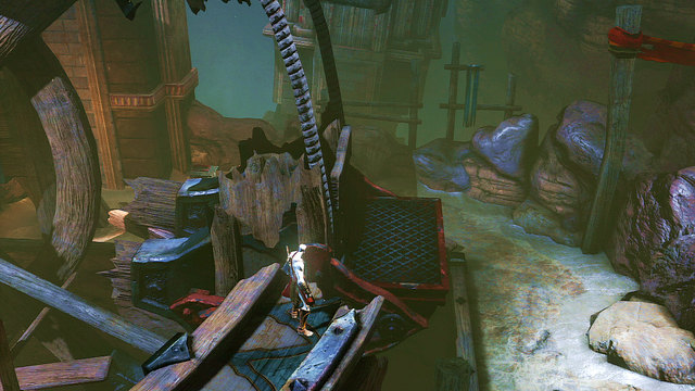 Now you have to quickly jump onto a fallen beam on right and then onto a mill-blade (the one with red canvas) - Fire of Ares and Mill-Wheel - Chapter 5: The Village of Kirra - God of War: Ascension - Game Guide and Walkthrough
