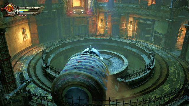 On the right from green chest is a way to an optional riddle with a roller - Broken bridge, Roller-Riddle and Medusa - Chapter 5: The Village of Kirra - God of War: Ascension - Game Guide and Walkthrough