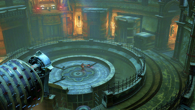 There you find three levers controlling stone blocks of the outer circle - Broken bridge, Roller-Riddle and Medusa - Chapter 5: The Village of Kirra - God of War: Ascension - Game Guide and Walkthrough