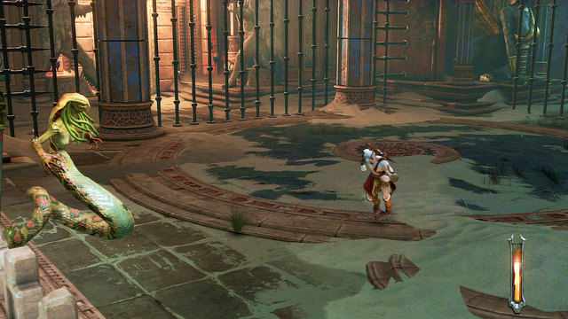 Medusa cant be knocked up into air so you have to fight her like an elephant and cyclope - Broken bridge, Roller-Riddle and Medusa - Chapter 5: The Village of Kirra - God of War: Ascension - Game Guide and Walkthrough