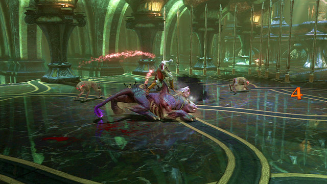 When a white arc appears over his head, you can mount him for a while and use to eliminate smaller enemies - Fight with Cerberus - Chapter 10: The Temple of Delphi - God of War: Ascension - Game Guide and Walkthrough