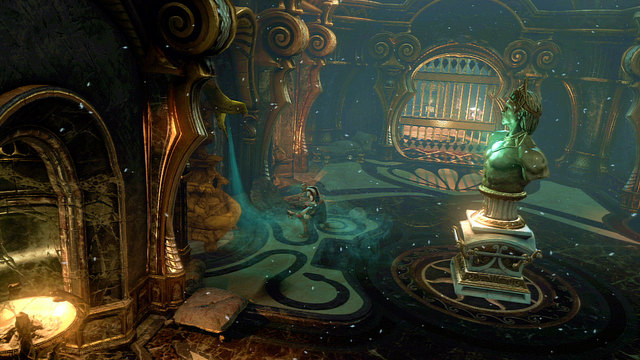 When she falls, you are in a corridor with two open rooms on left and a statue on right - Riddles of Statues, Way to the Tombs - Chapter 10: The Temple of Delphi - God of War: Ascension - Game Guide and Walkthrough