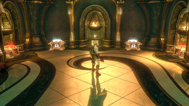 When the time comes to normal, the gate behind you falls and in front of you rises, what opens you an entrance to the room with four chests - Riddles of Statues, Way to the Tombs - Chapter 10: The Temple of Delphi - God of War: Ascension - Game Guide and Walkthrough