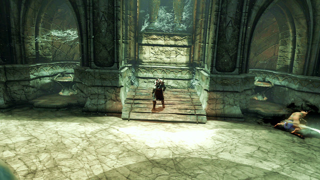 Pass the fountain and enter the elevator to pick up chests - White Hourglass - Chapter 11: Delphi Catacombs - God of War: Ascension - Game Guide and Walkthrough