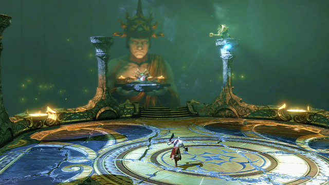 When you make the boss angry again, he rebuilds columns and start firing at you with the decay blasts - Walkthrough - Chapter 12: The Oracles Chamber - God of War: Ascension - Game Guide and Walkthrough