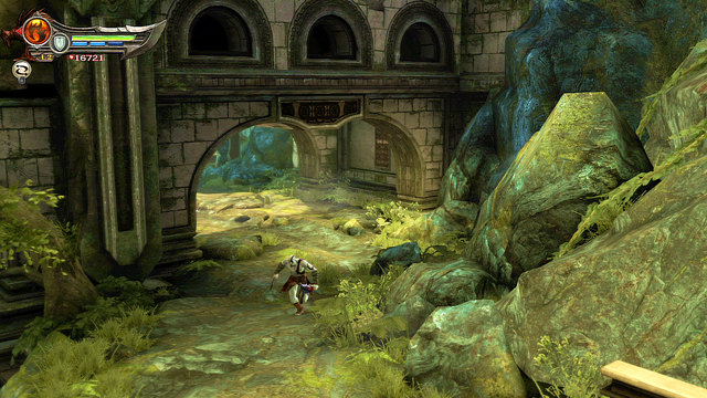 A further later, jump down and go toward the screen to find blue and green chest - Walkthrough - Chapter 13: Passage to Delphi - God of War: Ascension - Game Guide and Walkthrough
