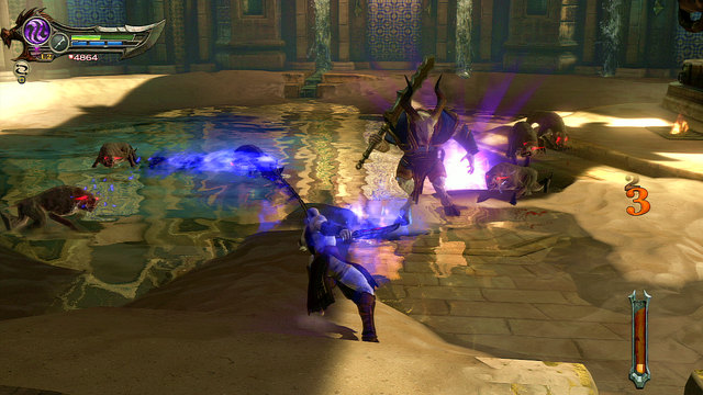 Jump down and eliminate a big Satyr and a group of hounds - Walkthrough - Chapter 14: The Cistern (pt. 2) - God of War: Ascension - Game Guide and Walkthrough