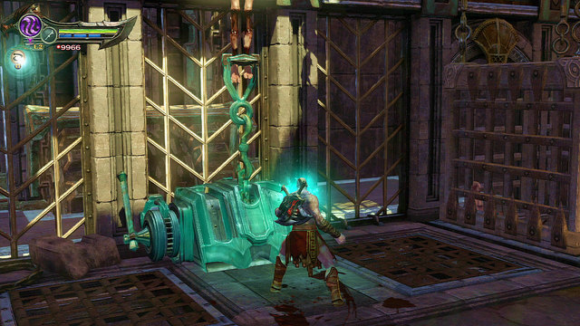 Go to the martyr and use an Amulet at a mechanism which stretches him - Walkthrough - Chapter 17: Martyrs Chamber - God of War: Ascension - Game Guide and Walkthrough