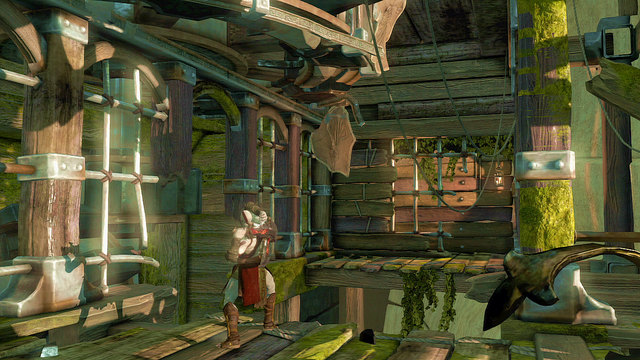 Inside, make few steps left and catch a wheel under the cellar - Inside of the statue - Chapter 18: Delos Landing - God of War: Ascension - Game Guide and Walkthrough
