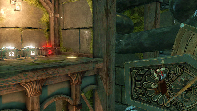 Make few steps left, jump onto a wheel, go up and jump left onto a stone shelf - Inside of the statue - Chapter 18: Delos Landing - God of War: Ascension - Game Guide and Walkthrough