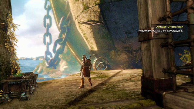 When you get onto a shelf over gap, open chests on left and look right to find the red one - Destroyed Head - Chapter 19: The Foot of Apollo - God of War: Ascension - Game Guide and Walkthrough