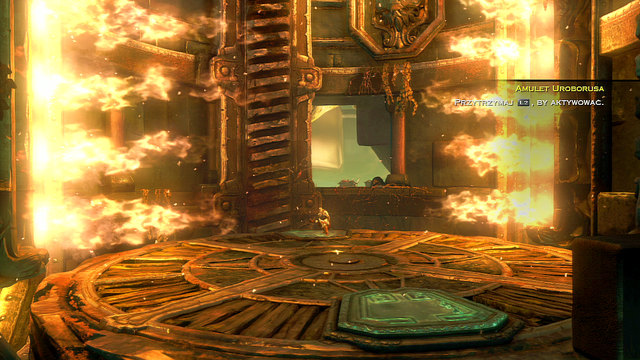 Get on a left flap and wait until the rotating platform lifts a bit, placing you under the hole in the wall - Centaurs and the Foot of Apollo - Chapter 19: The Foot of Apollo - God of War: Ascension - Game Guide and Walkthrough