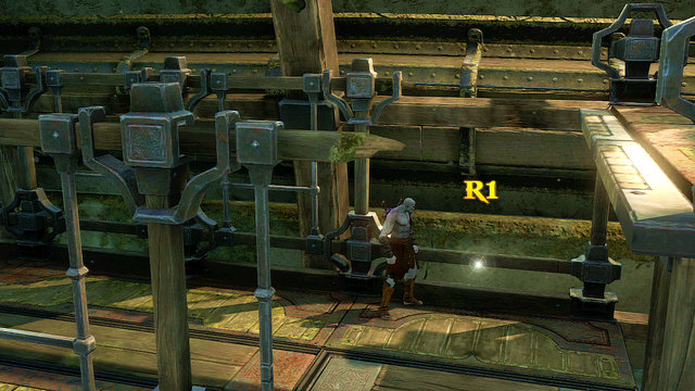 Moving right and towards the screen, you find a Stonemasons Chisel - Walkthrough - Chapter 21: The Forearm of Apollo - God of War: Ascension - Game Guide and Walkthrough