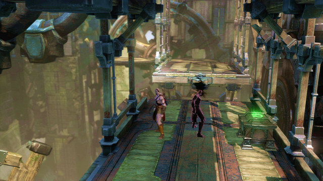 When you get to a changing color chest, approach an edge of the platform and drag a platform marked over with a white arc - Walkthrough - Chapter 21: The Forearm of Apollo - God of War: Ascension - Game Guide and Walkthrough