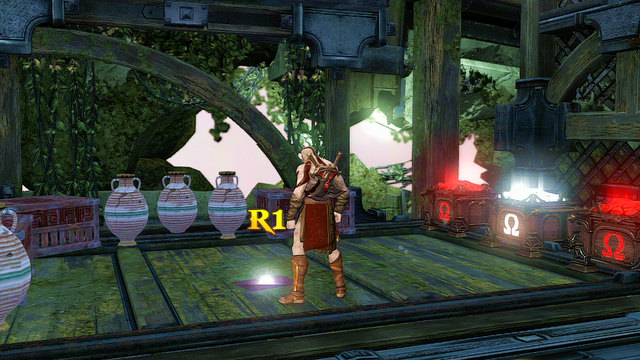 Jump down where youve been fighting Satyrs and go left - Walkthrough - Chapter 21: The Forearm of Apollo - God of War: Ascension - Game Guide and Walkthrough